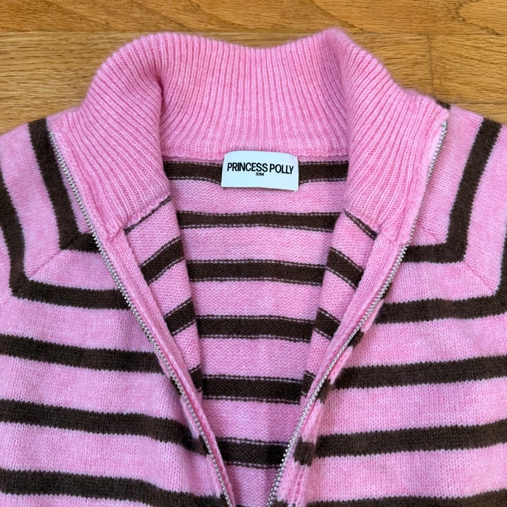 Princess Polly Pink Brown Striped Zip Up Cardigan Sweater Mock Neck Raglan S/M - Picture 3 of 3